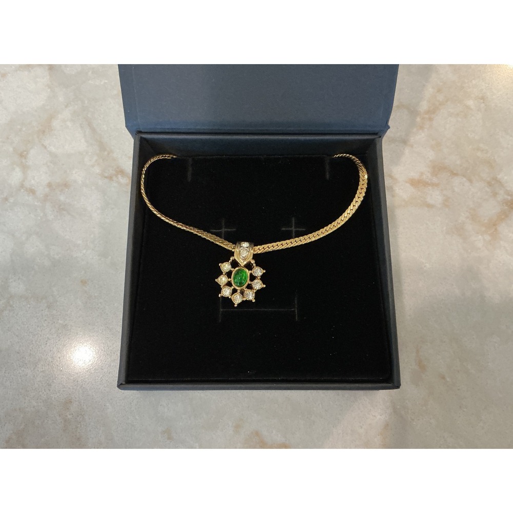 Nina Ricci Gold Tone Necklace with Emerald Green and Crystal Flower Pendant